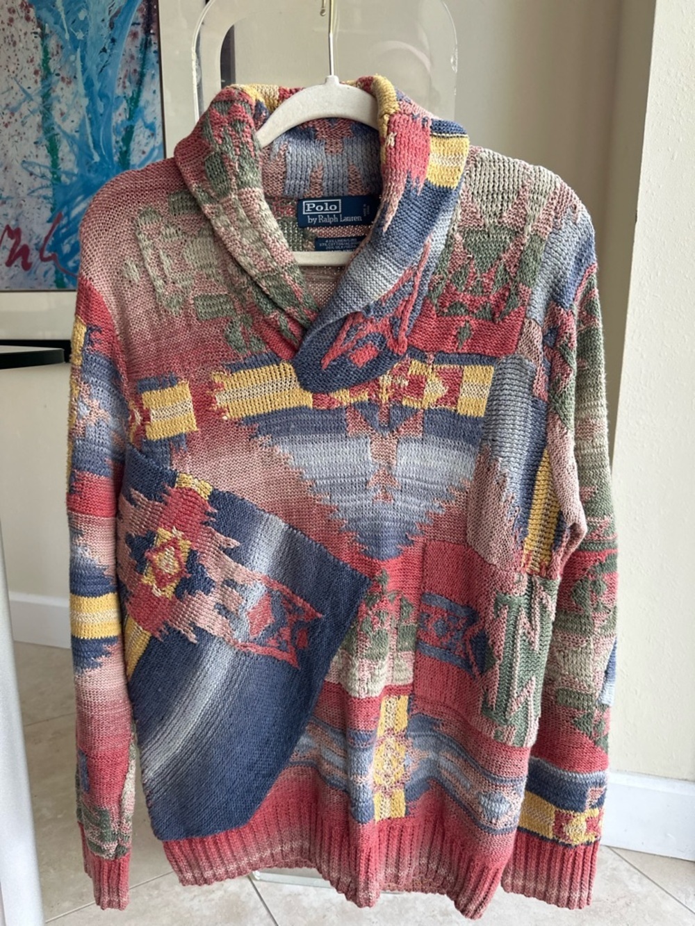 🦄 Vtg Polo by Ralph Lauren Silk & Linen Hand Knit Patchwork Southwestern